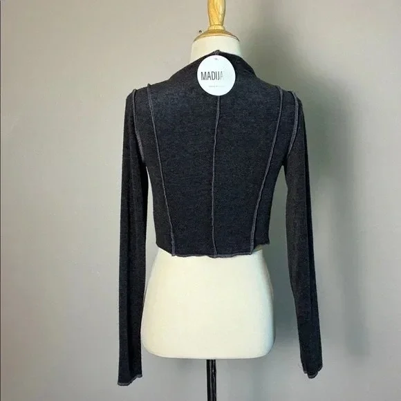 LE LIS Small Archer Two Tone Long Sleeve Crop Top Exposed Seams High Neck Fitted - Picture 4 of 8